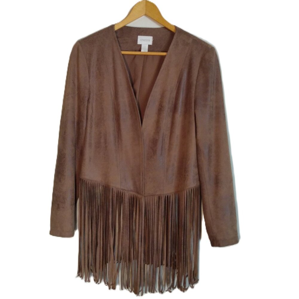 Chicos Jacket Women Size 0/S/4 Brown Faux Suede Fringe Boho Western Festival